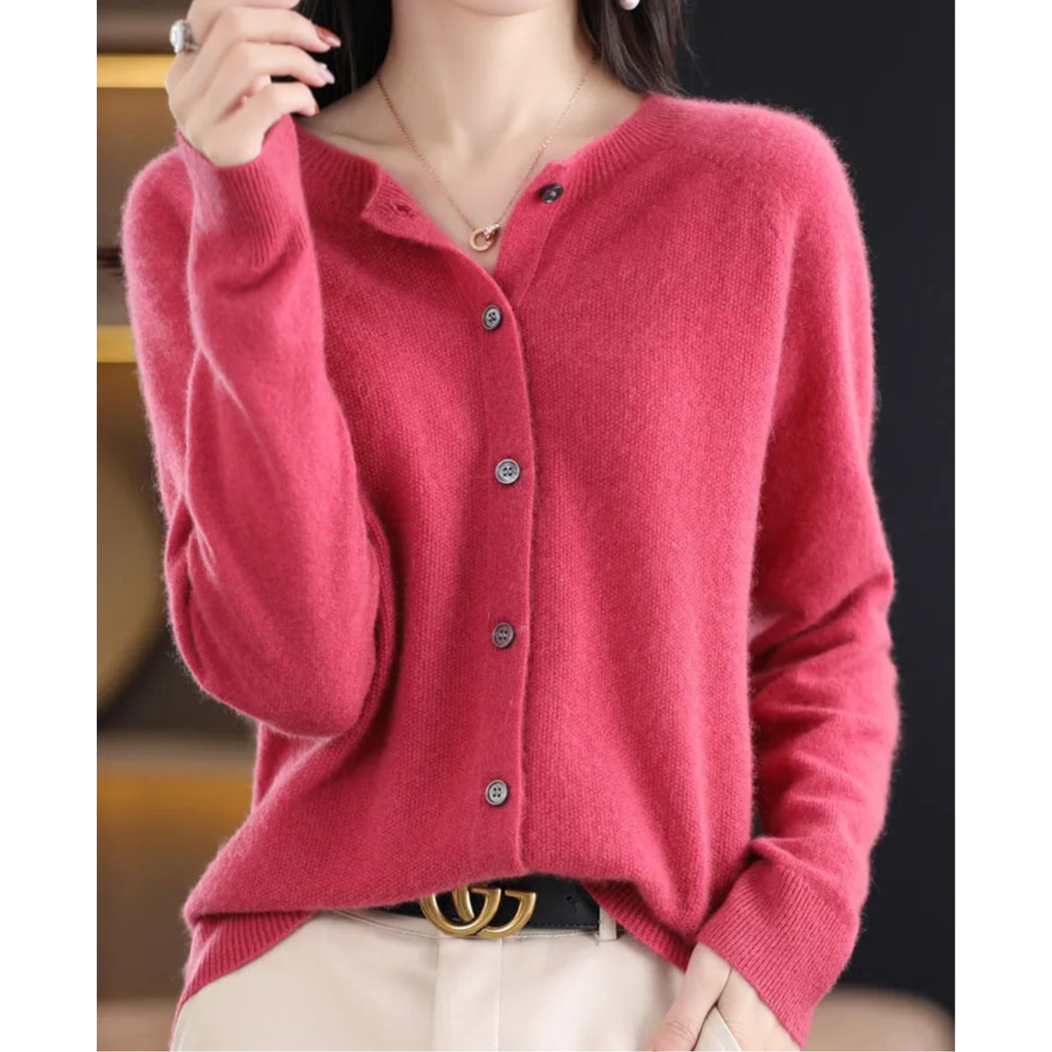 Women's Merino Wool Cardigan O-Neck Cashmere Jumper Warm Knit