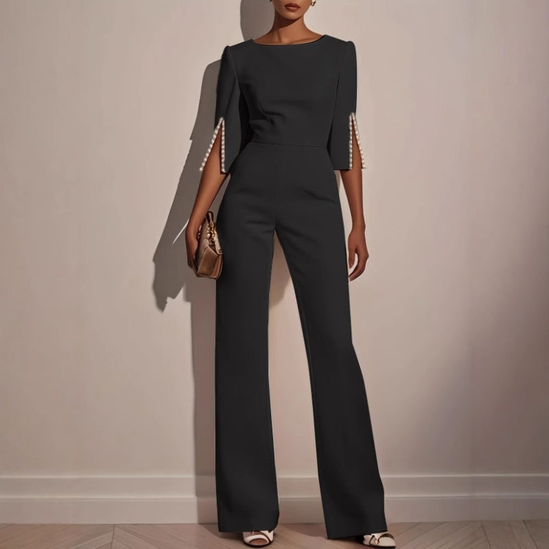 Women's Wide Leg Jumpsuit Boat Neck Pearl Sleeve Detail Smart Casual