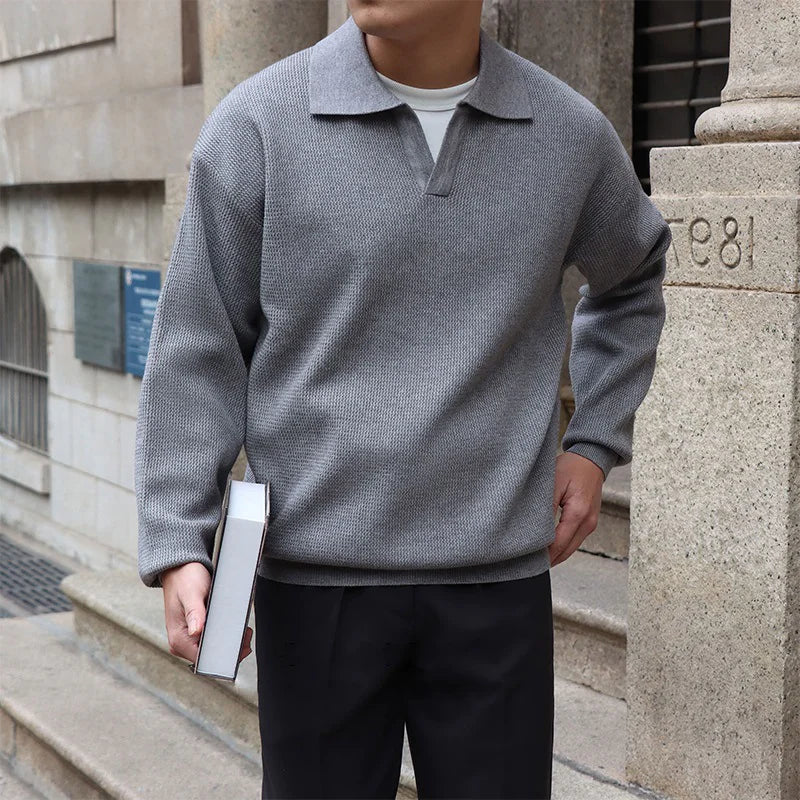 Men's V Neck Jumper Long Sleeve Textured Knit Polo Collar Relaxed Fit