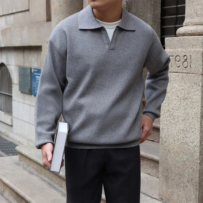 Merrick | Men's Long-Sleeve Knit Polo Shirt Open Collar Drop Shoulder Ribbed Cuffs-1