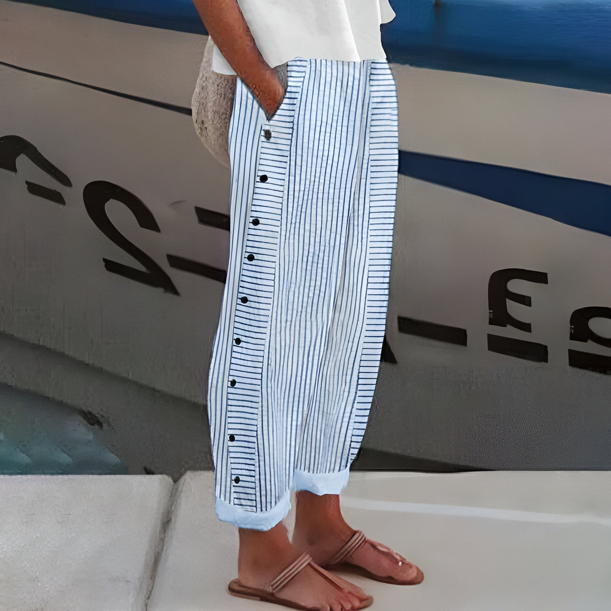 Barbara women's linen trousers in Blue