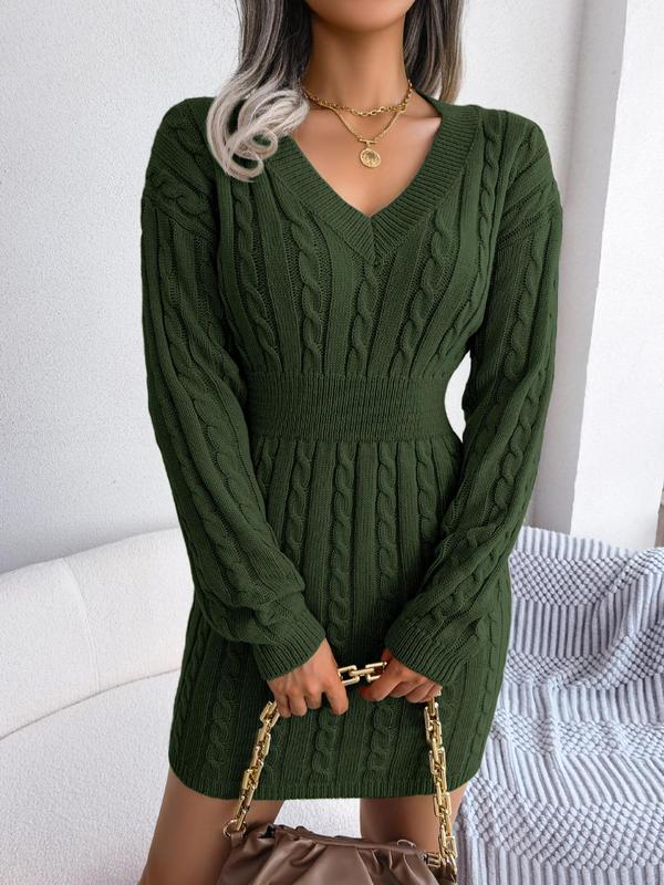 Women's Cable Knit Sweater Dress Long Sleeve V-Neck Cosy Knitted Midi Dress Casual Winter Warm Jumper Dress Autumn Everyday