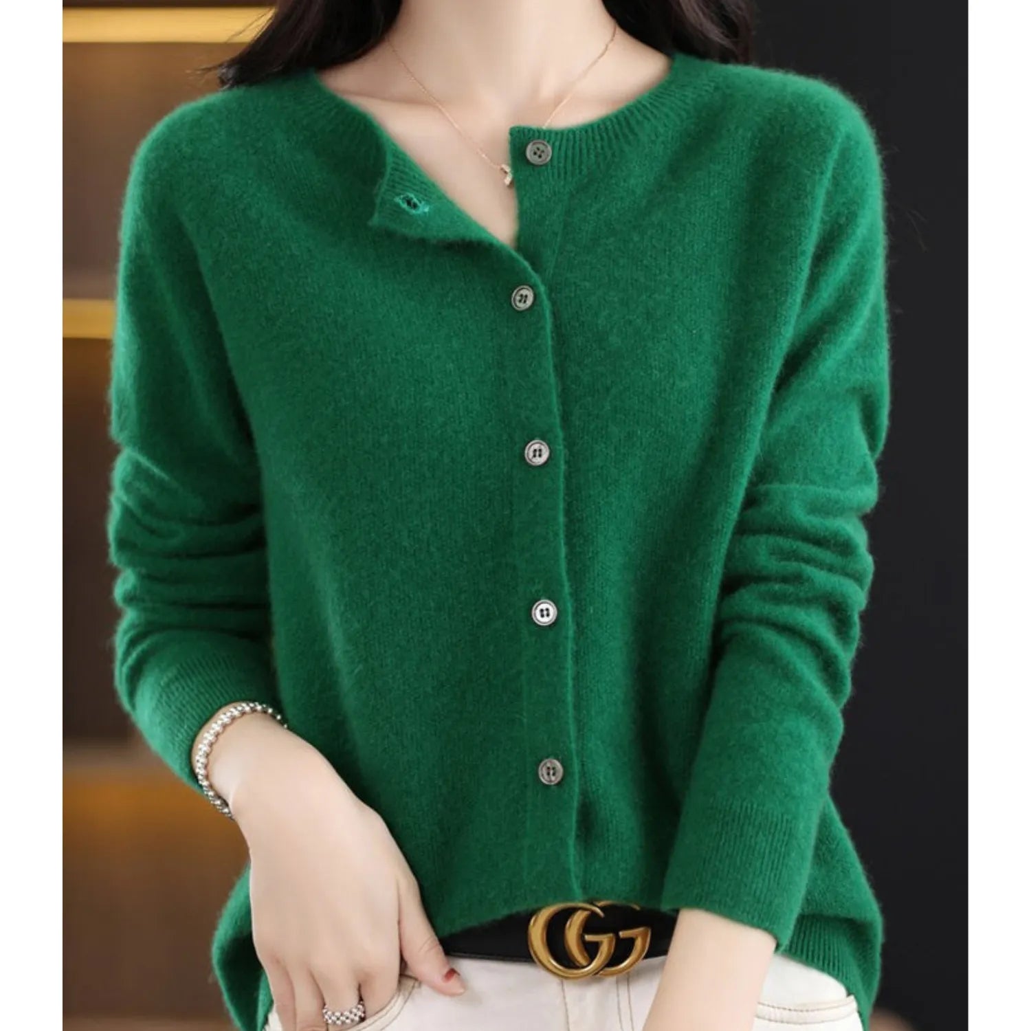 Women's Merino Wool Cardigan O-Neck Cashmere Jumper Warm Knit
