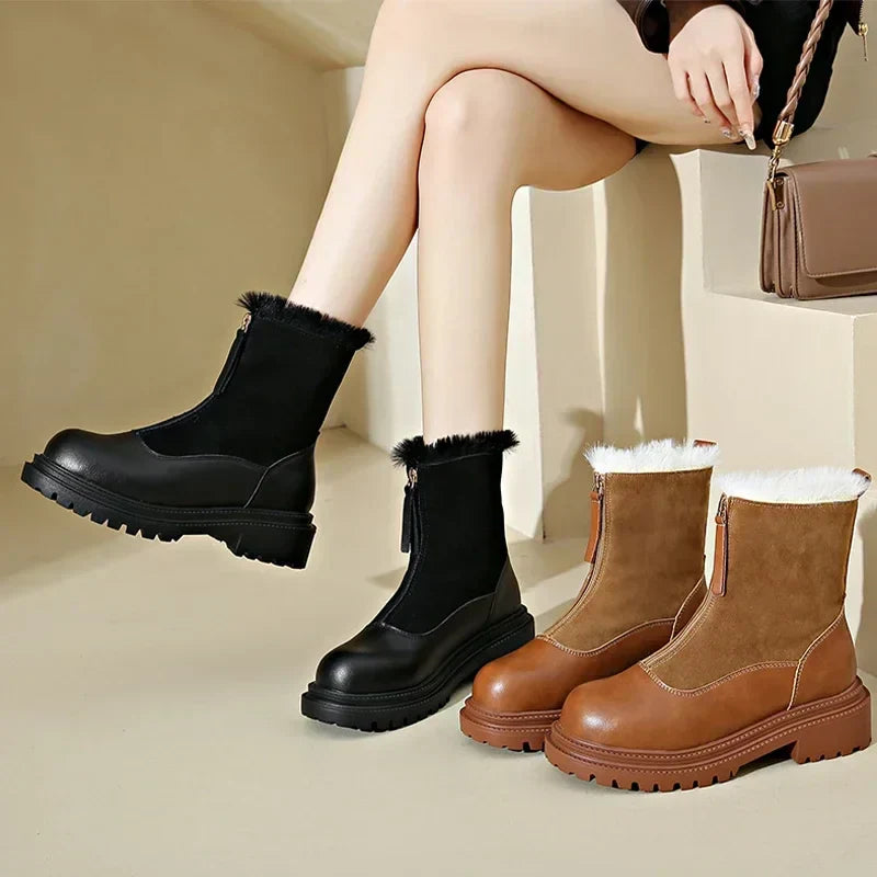 Women's Winter Boots Snow Shoes Chunky Sole Front Zip Warm Casual