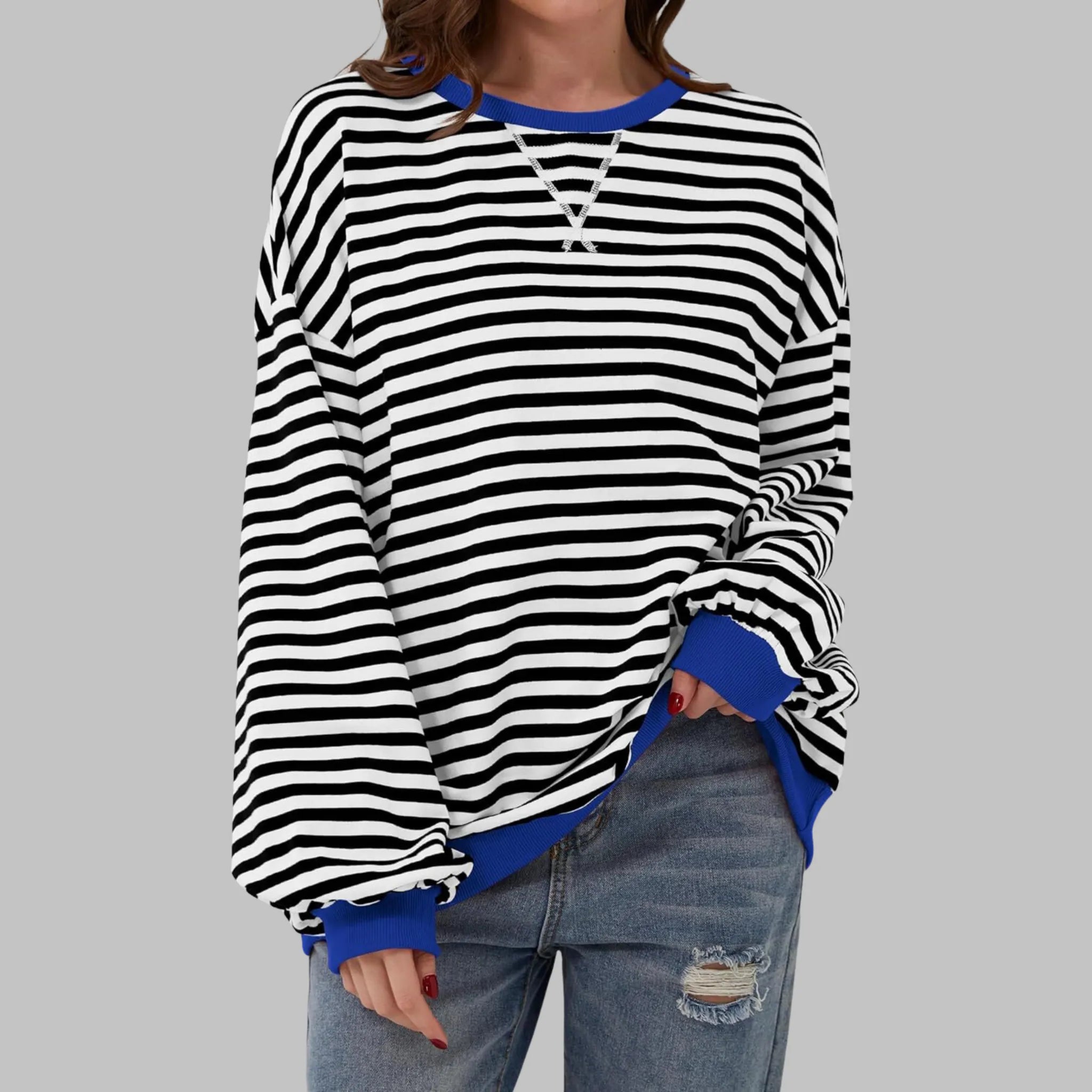 Women's Striped Shirt Long Sleeve Round Neck Casual Top Relaxed Everyday Wear