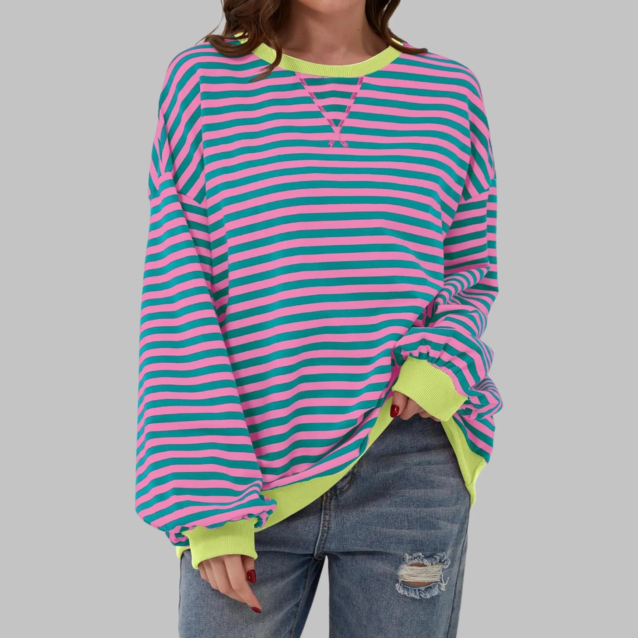 Women's Striped Jumper Cotton Blend Loose Fit Round Neck Long Sleeve Casual Pullover Sweater Multicolour Relaxed Everyday Knit Top