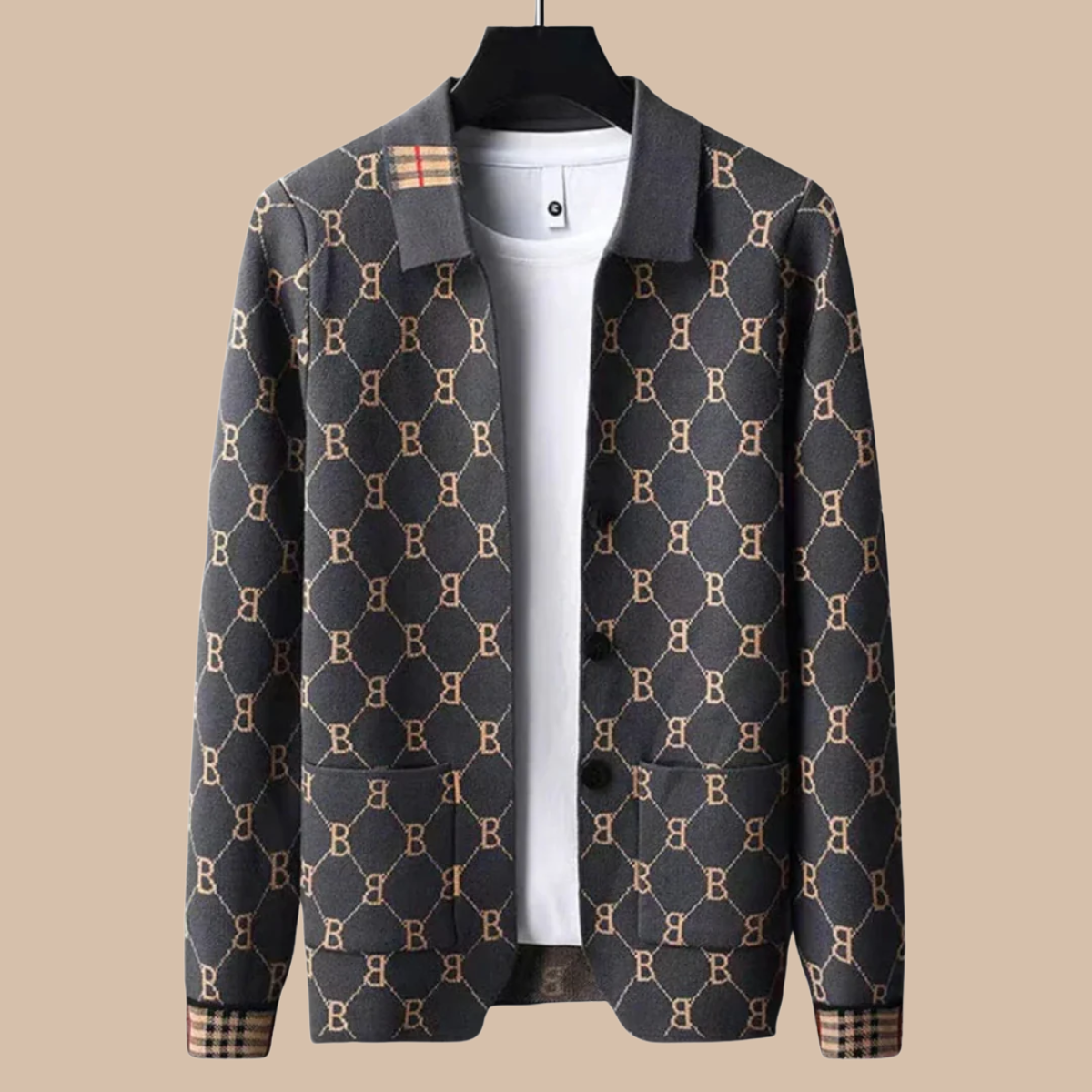 Men's Button Front Cardigan Turn Down Collar Monogram Knit