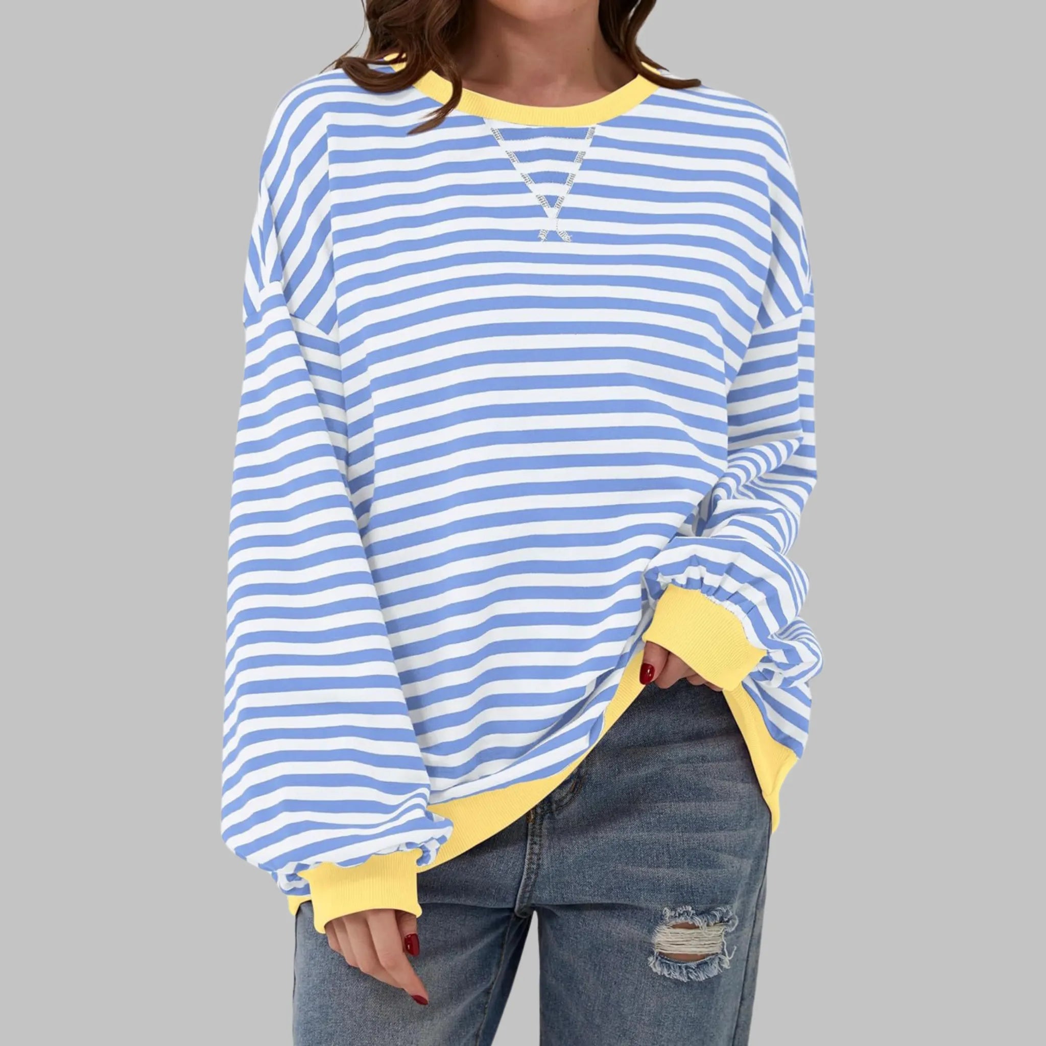 Women's Striped Jumper Cotton Blend Loose Fit Round Neck Long Sleeve Casual Pullover Sweater Multicolour Relaxed Everyday Knit Top