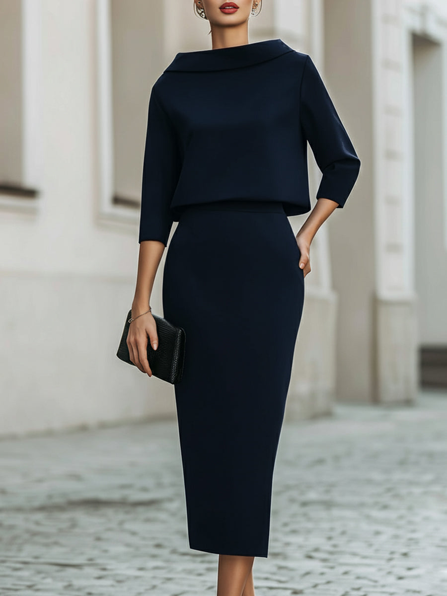 Women's Two Piece Set Cowl Neck Top Bodycon Midi Skirt Evening Formal