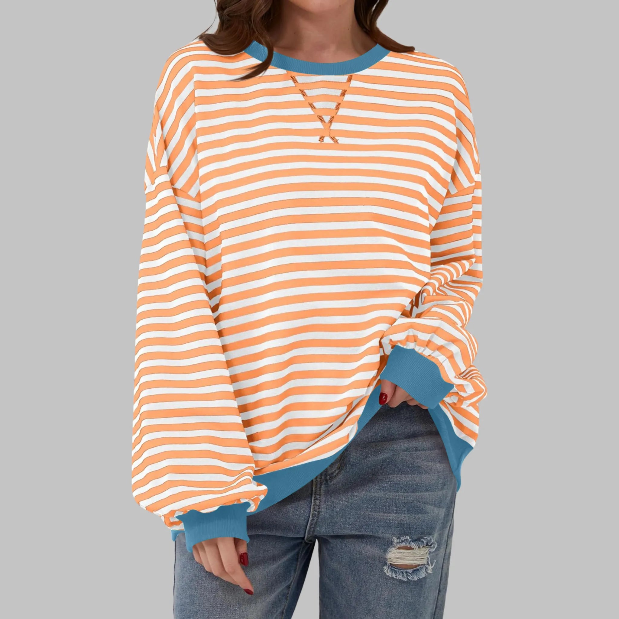 Women's Striped Jumper Cotton Blend Loose Fit Round Neck Long Sleeve Casual Pullover Sweater Multicolour Relaxed Everyday Knit Top