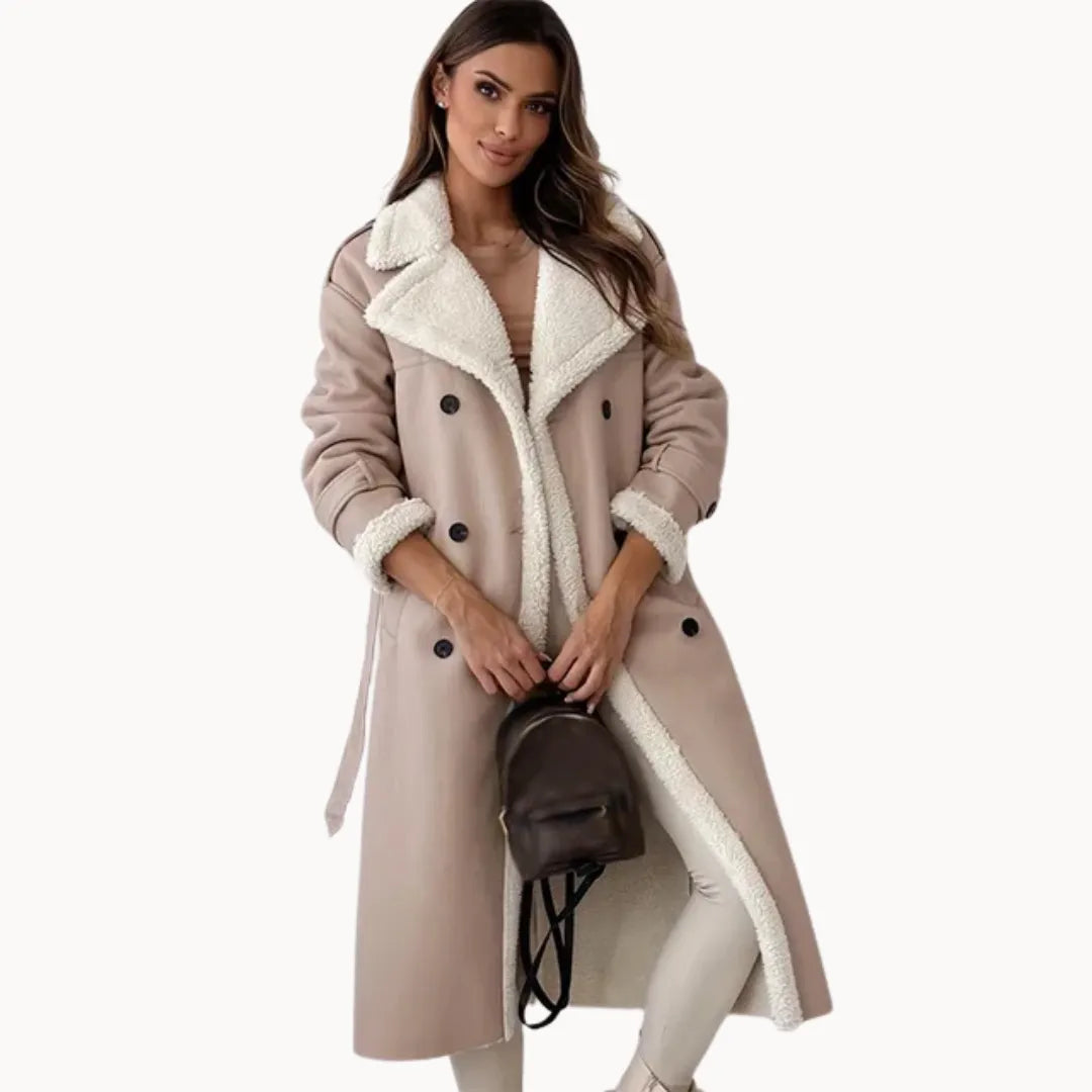 Women's Faux Leather Trench Coat – Oversized Shearling-Trim Belted Jacket