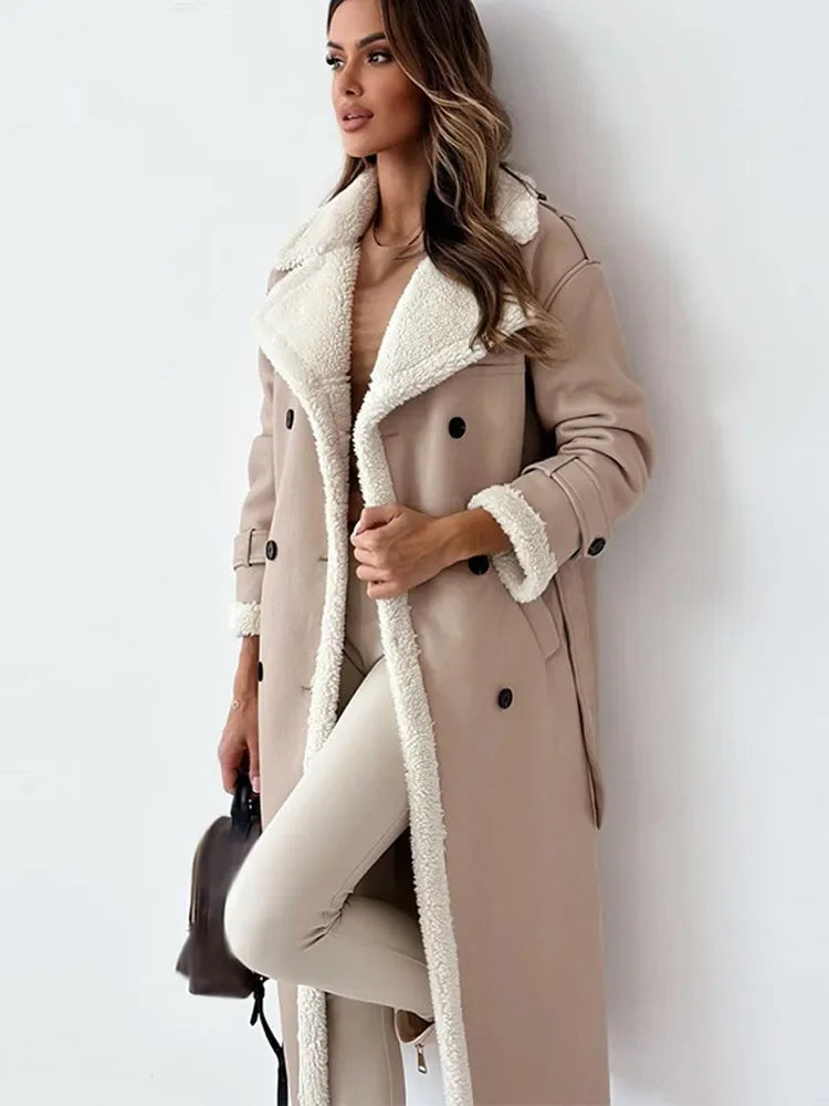 Women's Faux Leather Trench Coat Oversized Shearling Trim Double-Breasted Belted Long Jacket Black Khaki Winter Streetwear Casual Warm Thick