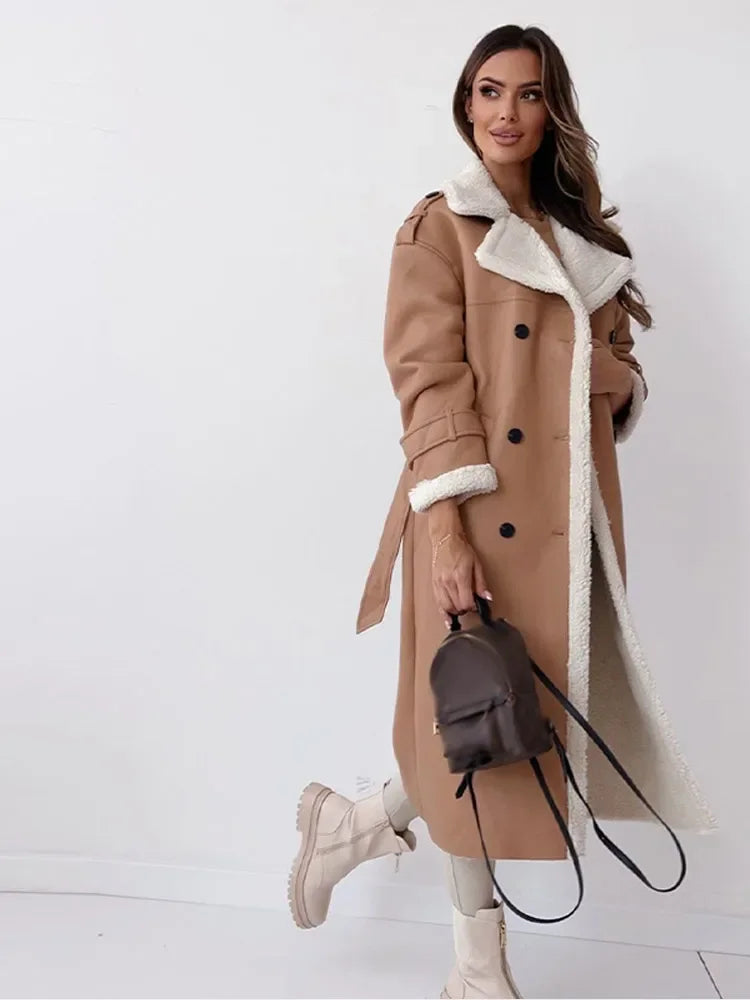 Women's Faux Leather Trench Coat Oversized Shearling Trim Double-Breasted Belted Long Jacket Black Khaki Winter Streetwear Casual Warm Thick