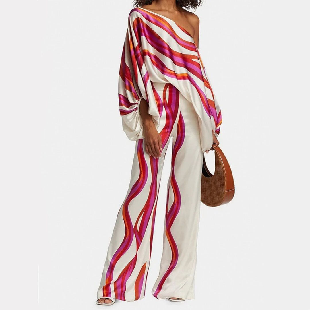 Women's Off-Shoulder Printed Top and Wide-Leg Pants Set