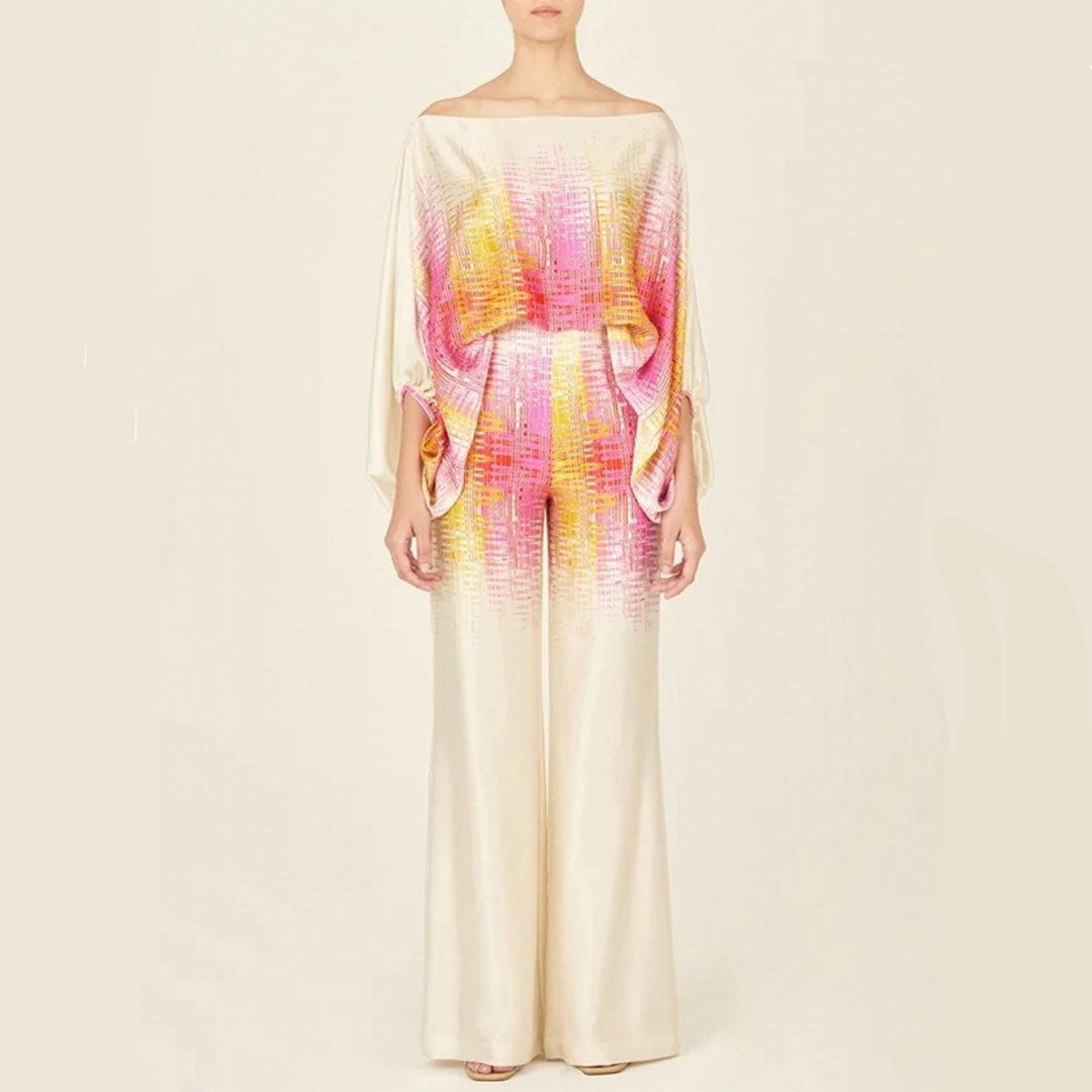 Women's Off-Shoulder Printed Top and Wide-Leg Pants Set