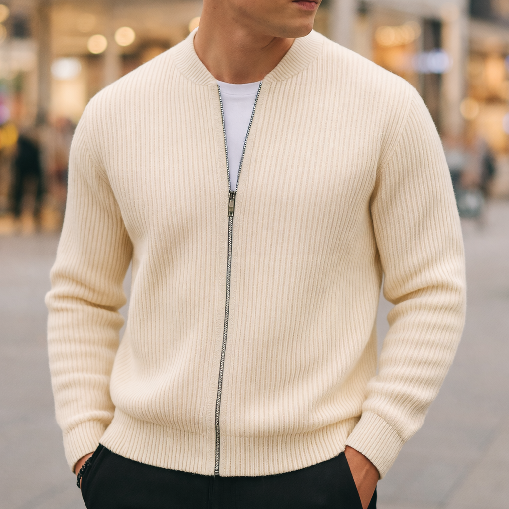 Men's Zip-Up Cardigan Ribbed Texture Stand Collar Casual Knit Jacket