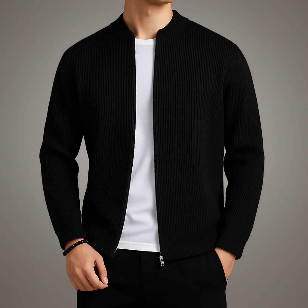 Men's Zip-Up Cardigan Ribbed Texture Stand Collar Casual Knit Jacket