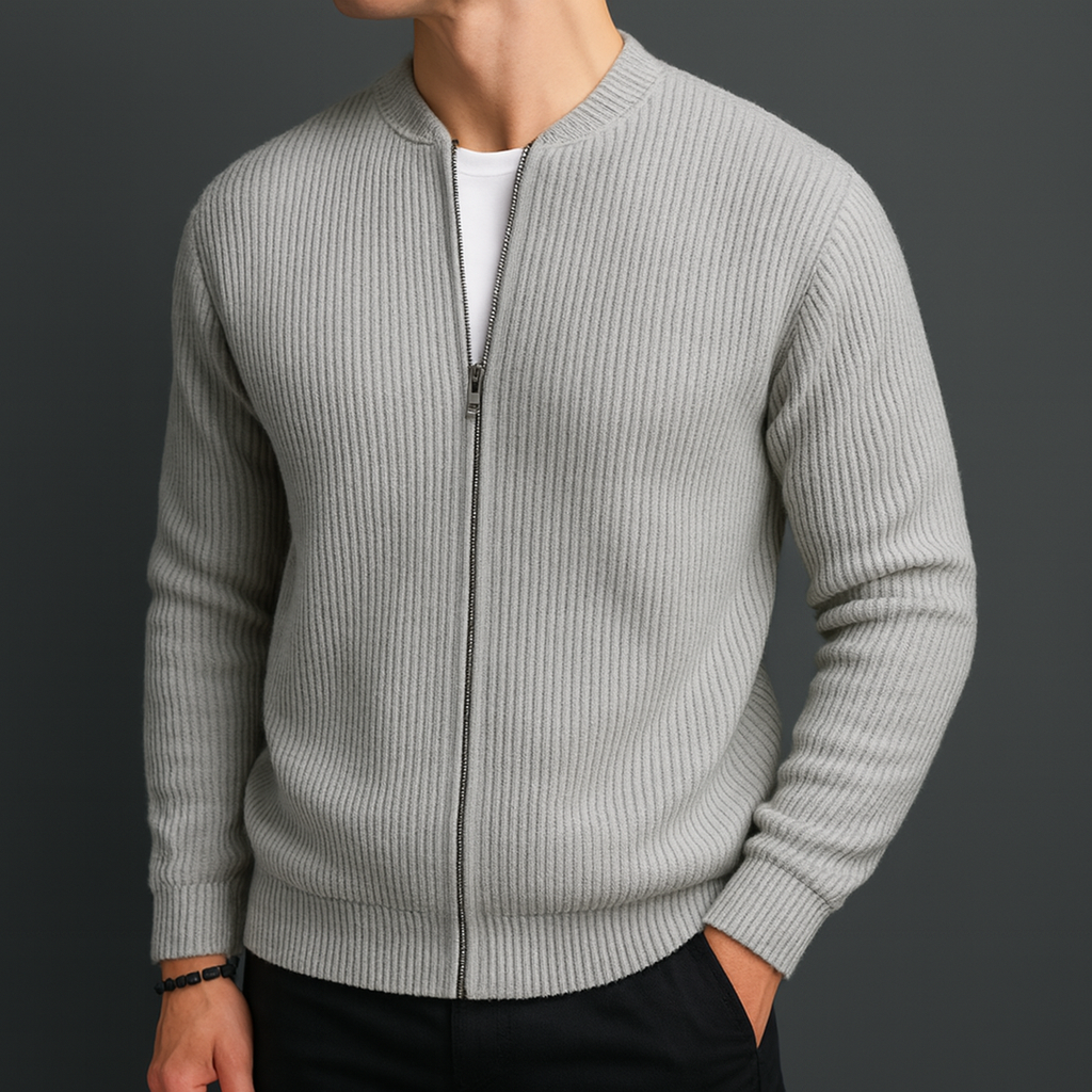 Men's Zip-Up Cardigan Ribbed Texture Stand Collar Casual Knit Jacket