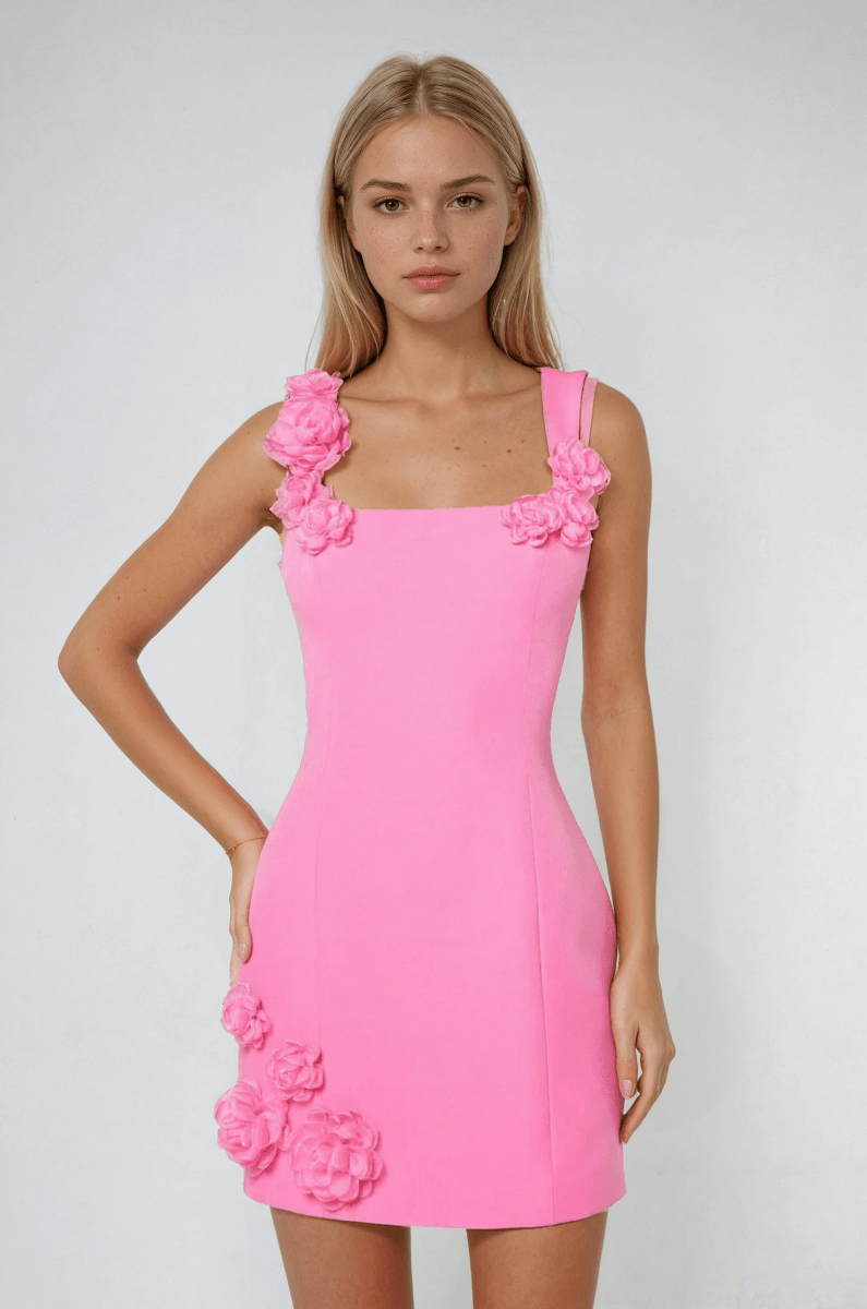 Women's floral appliqué cocktail mini dress in Pink