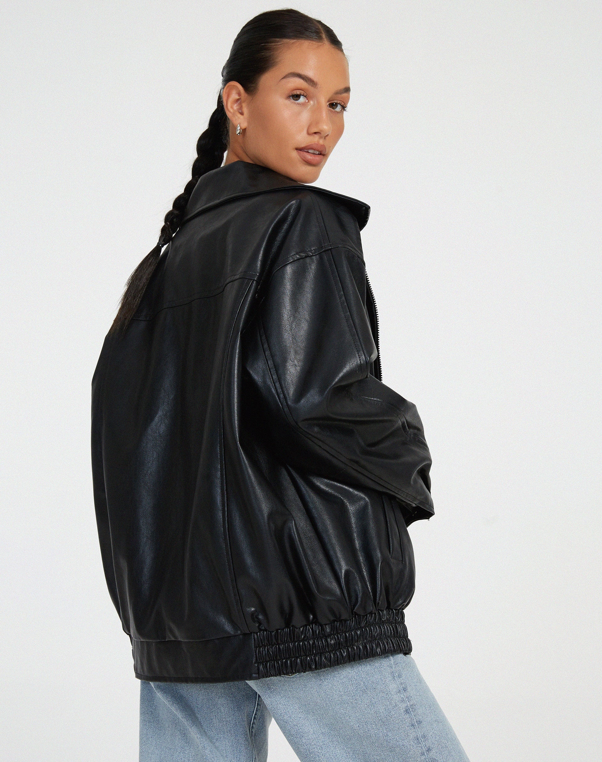 Women's Oversized Leather Bomber Jacket Black Casual Layering