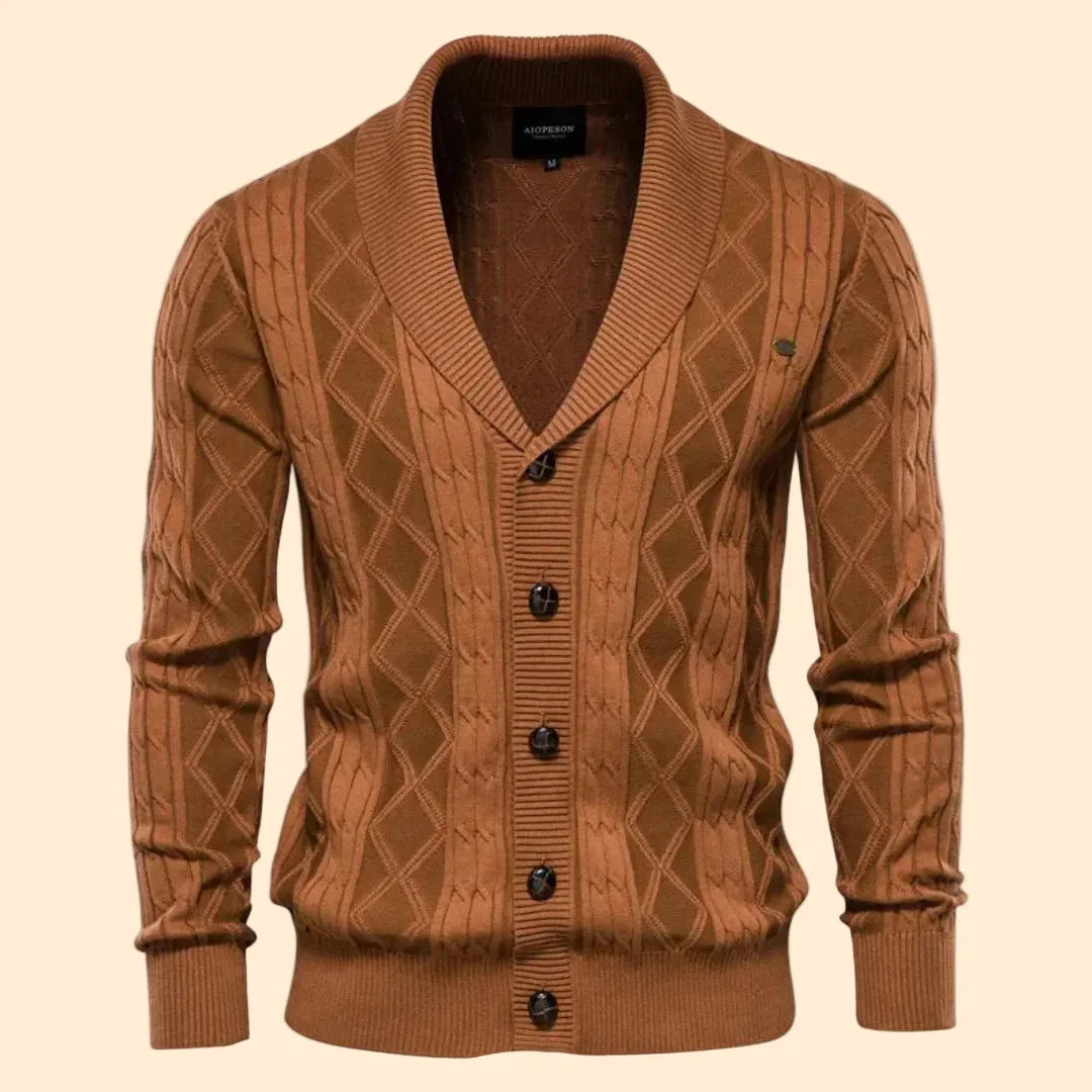 Men's Cable Knit Cardigan Shawl Collar Button Front Slim Fit