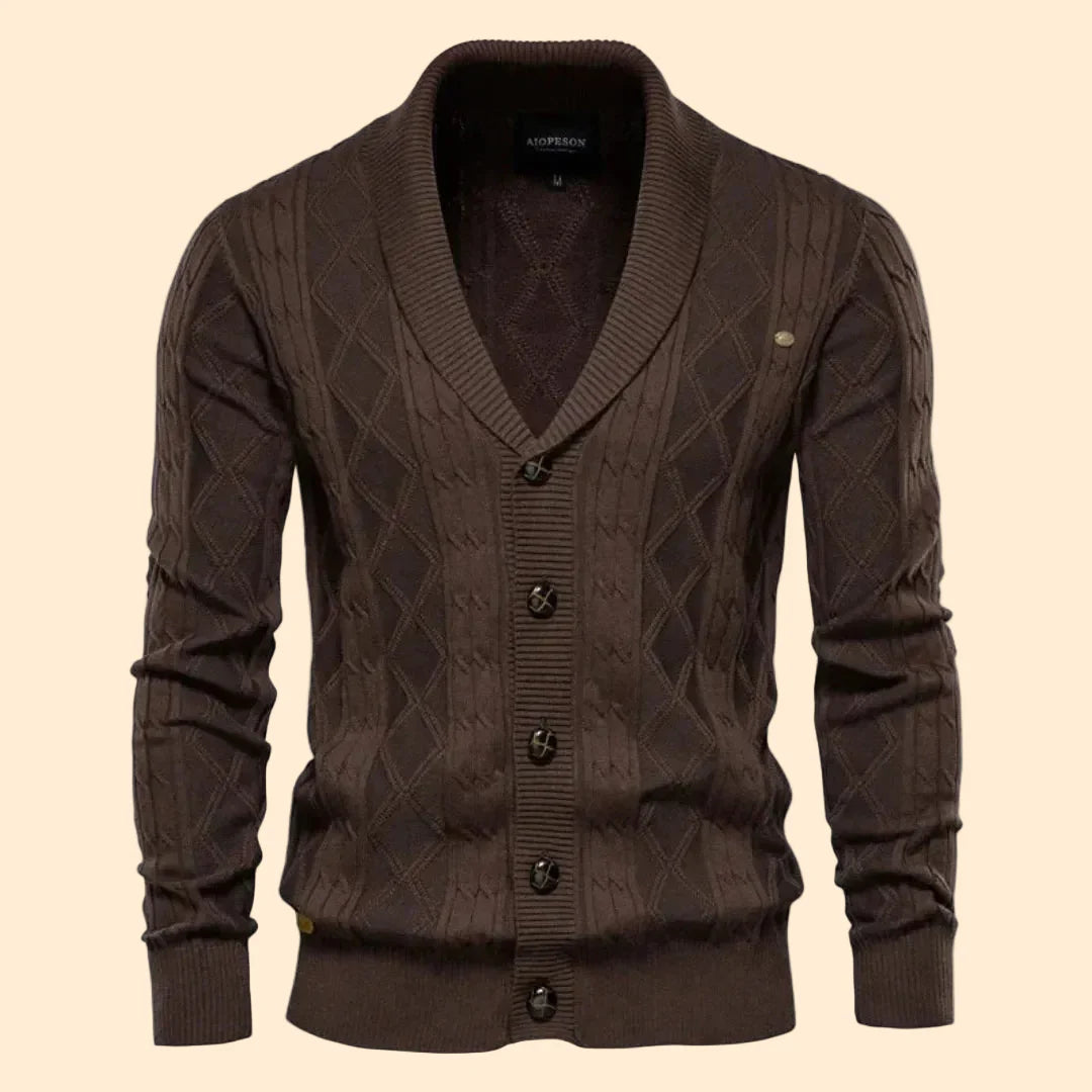 Men's Cable Knit Cardigan Shawl Collar Button Front Slim Fit