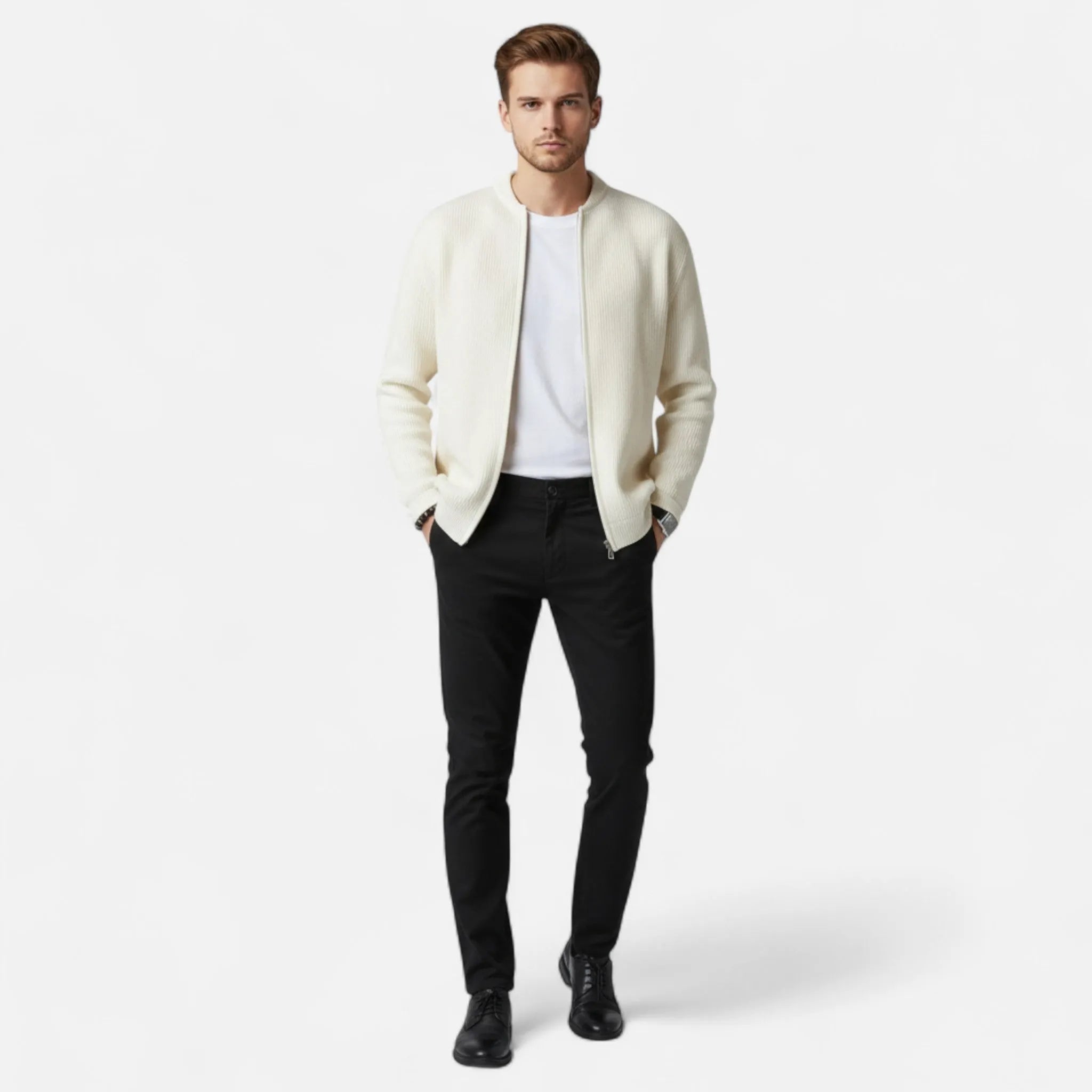 Men's Zip-Up Jumper Ribbed Knit Cardigan Round Neck Long Sleeves