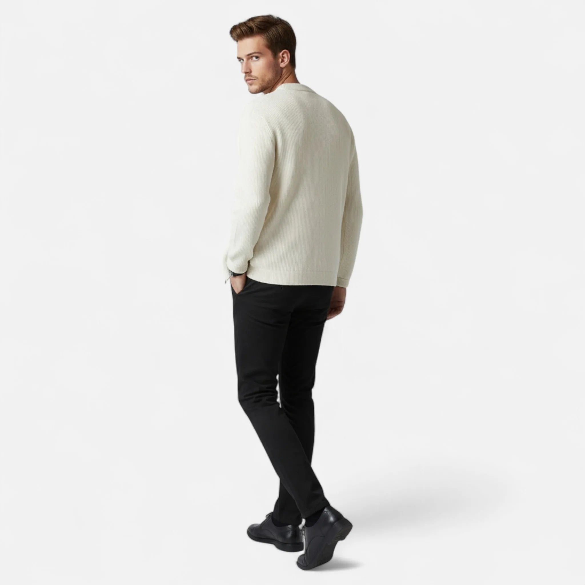 Men's Zip-Up Jumper Ribbed Knit Cardigan Round Neck Long Sleeves