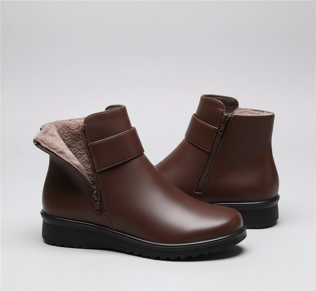 Women's Ankle Boots Side Zip Fleece Lined Low Wedge Round Toe Buckle