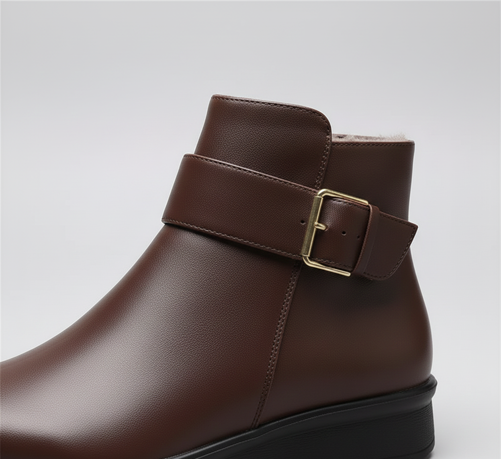 Women's Ankle Boots Side Zip Fleece Lined Low Wedge Round Toe Buckle