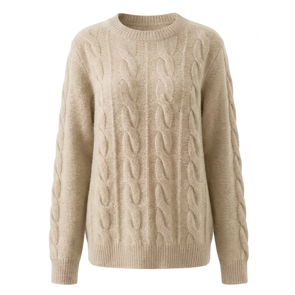 Cable Knit Wool Cashmere Sweater Crew Neck Warm Winter Pullover