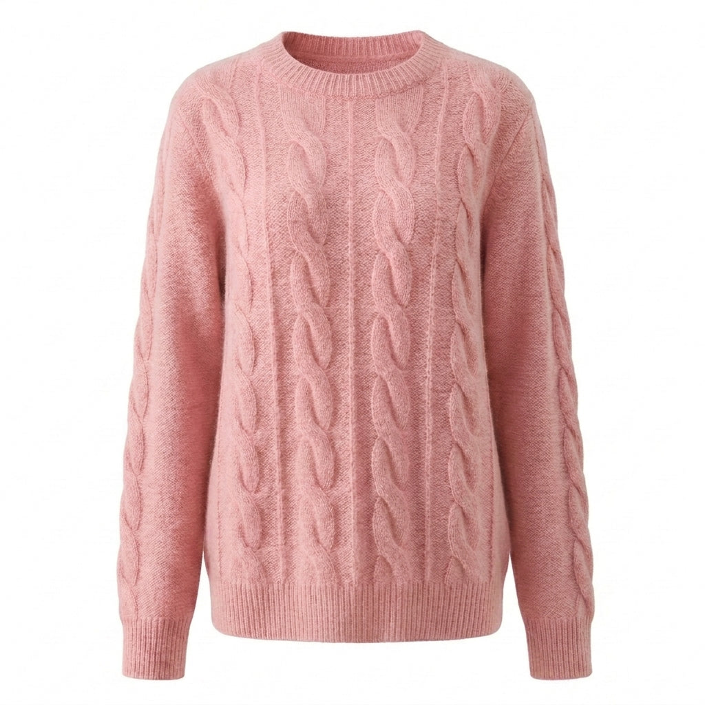 Cable Knit Wool Cashmere Sweater Crew Neck Warm Winter Pullover