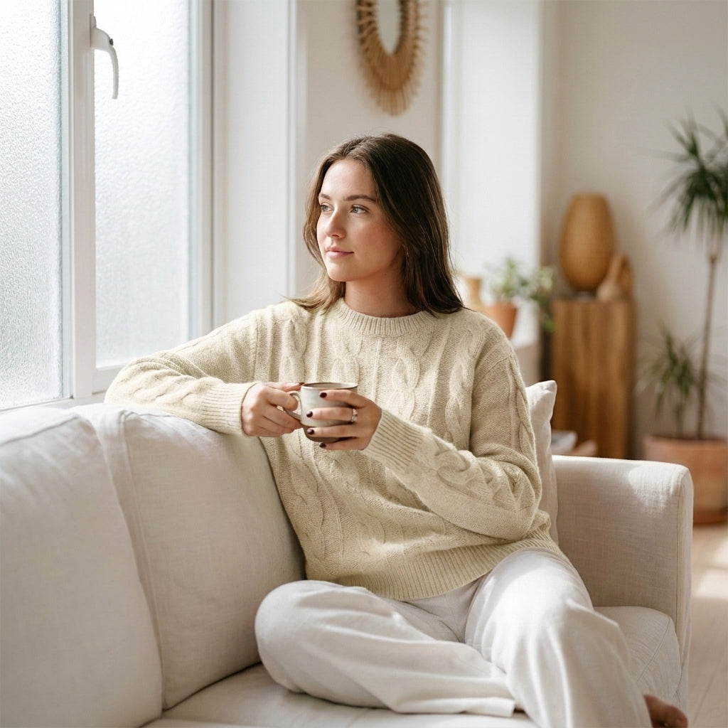 Cable Knit Wool Cashmere Sweater Crew Neck Warm Winter Pullover