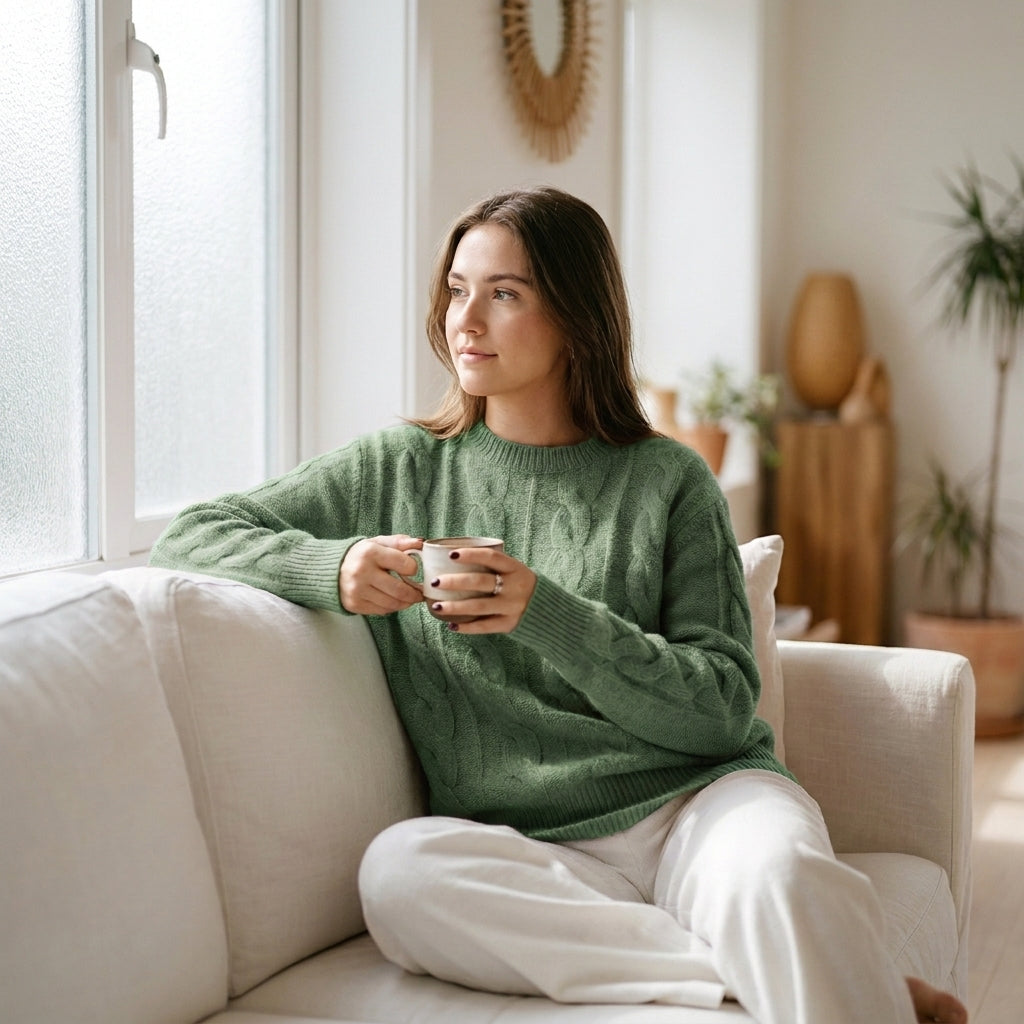 Cable Knit Wool Cashmere Sweater Crew Neck Warm Winter Pullover