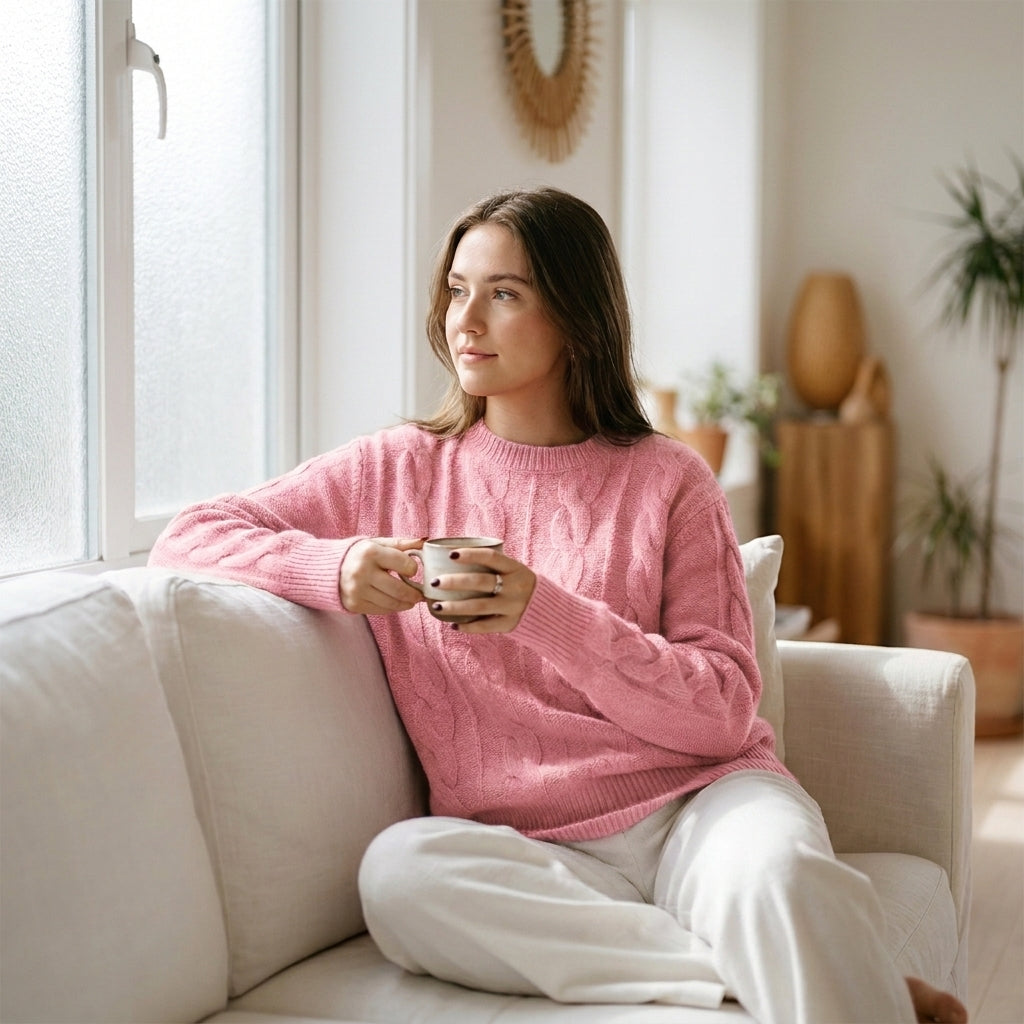 Cable Knit Wool Cashmere Sweater Crew Neck Warm Winter Pullover