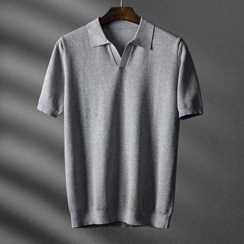 Men's Polo Shirt Short Sleeve Knit V-Notch Collar Waffle Texture Smart Casual