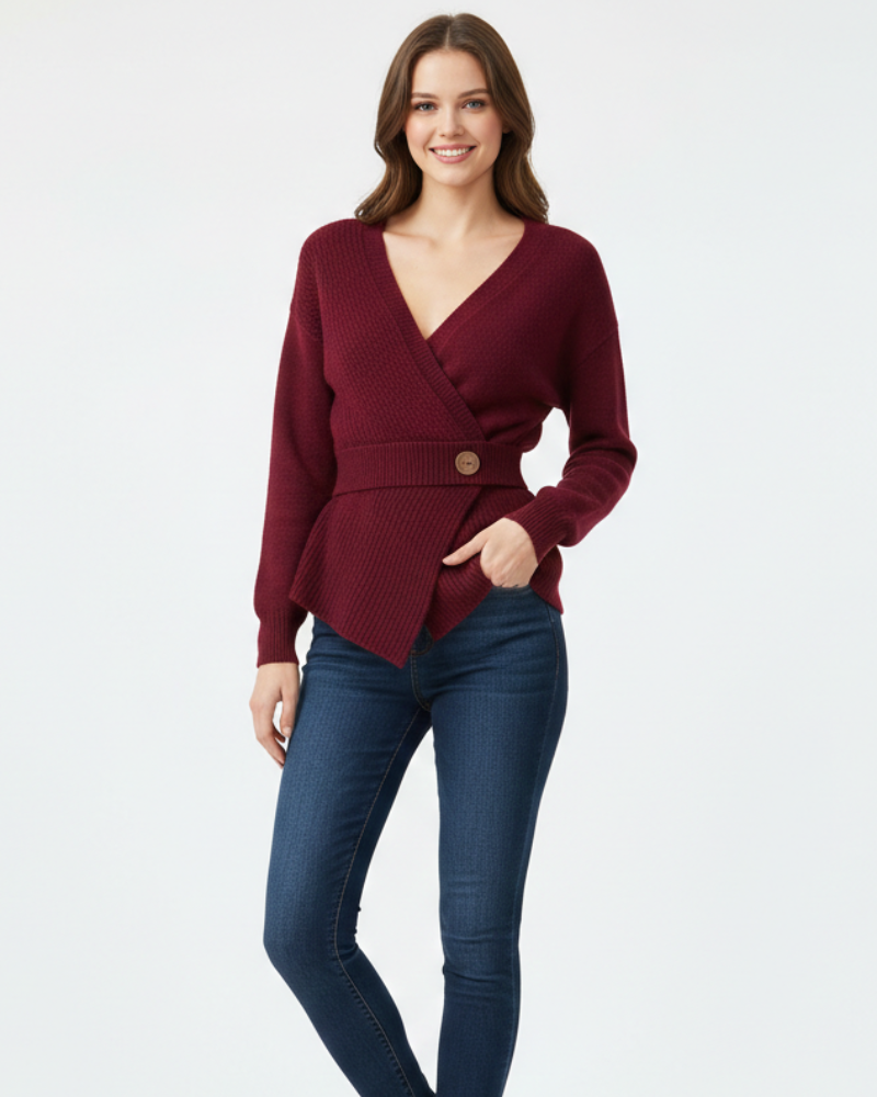 Women's Wrap Knit Jumper V-Neck Asymmetric Hem Wooden Button