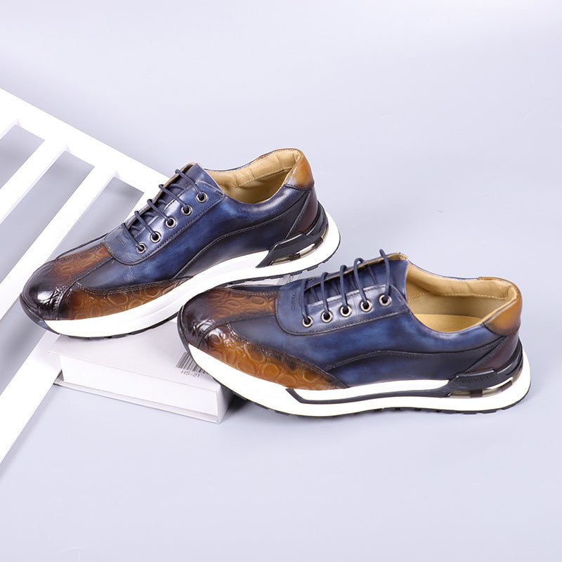 Men's Lace-Up Sneakers Burnished Embossed Panel White Sole Smart Casual