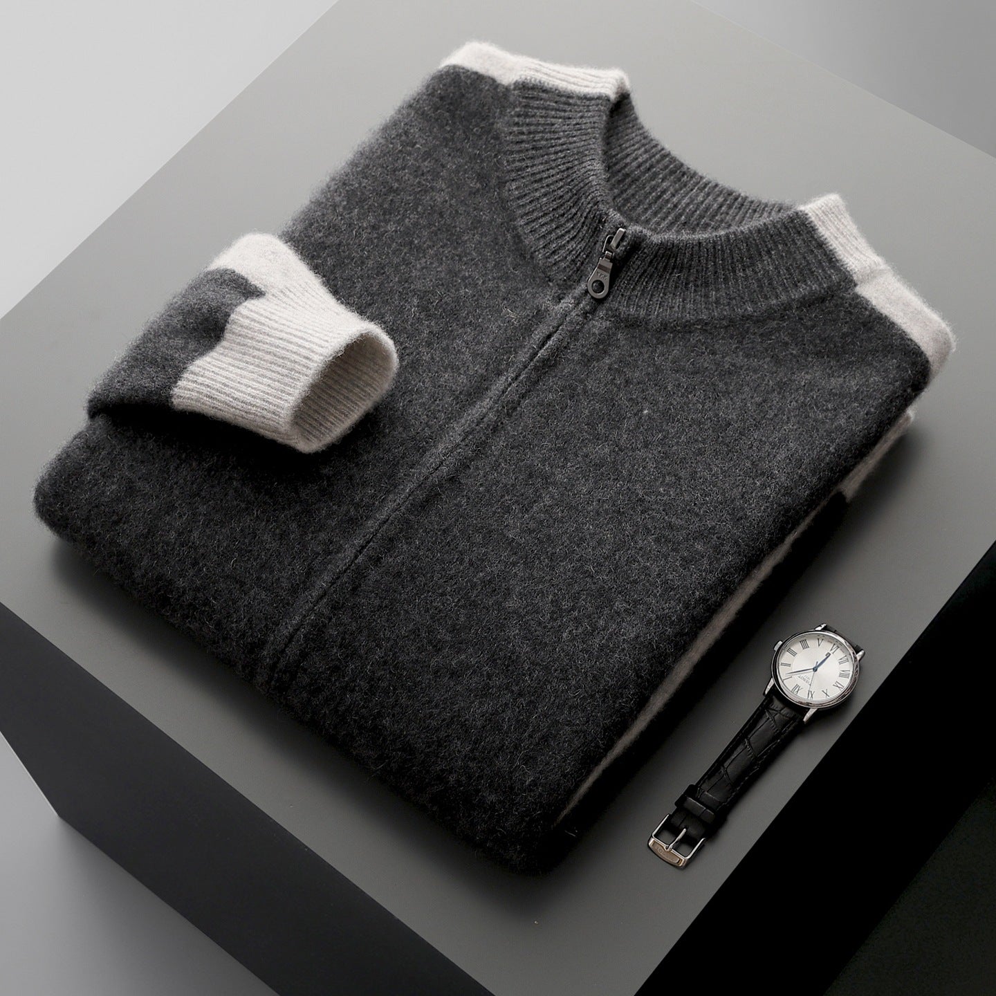 Men's Zip-Up Knit Jacket Contrast Sleeve Ribbed Collar Autumn Winter