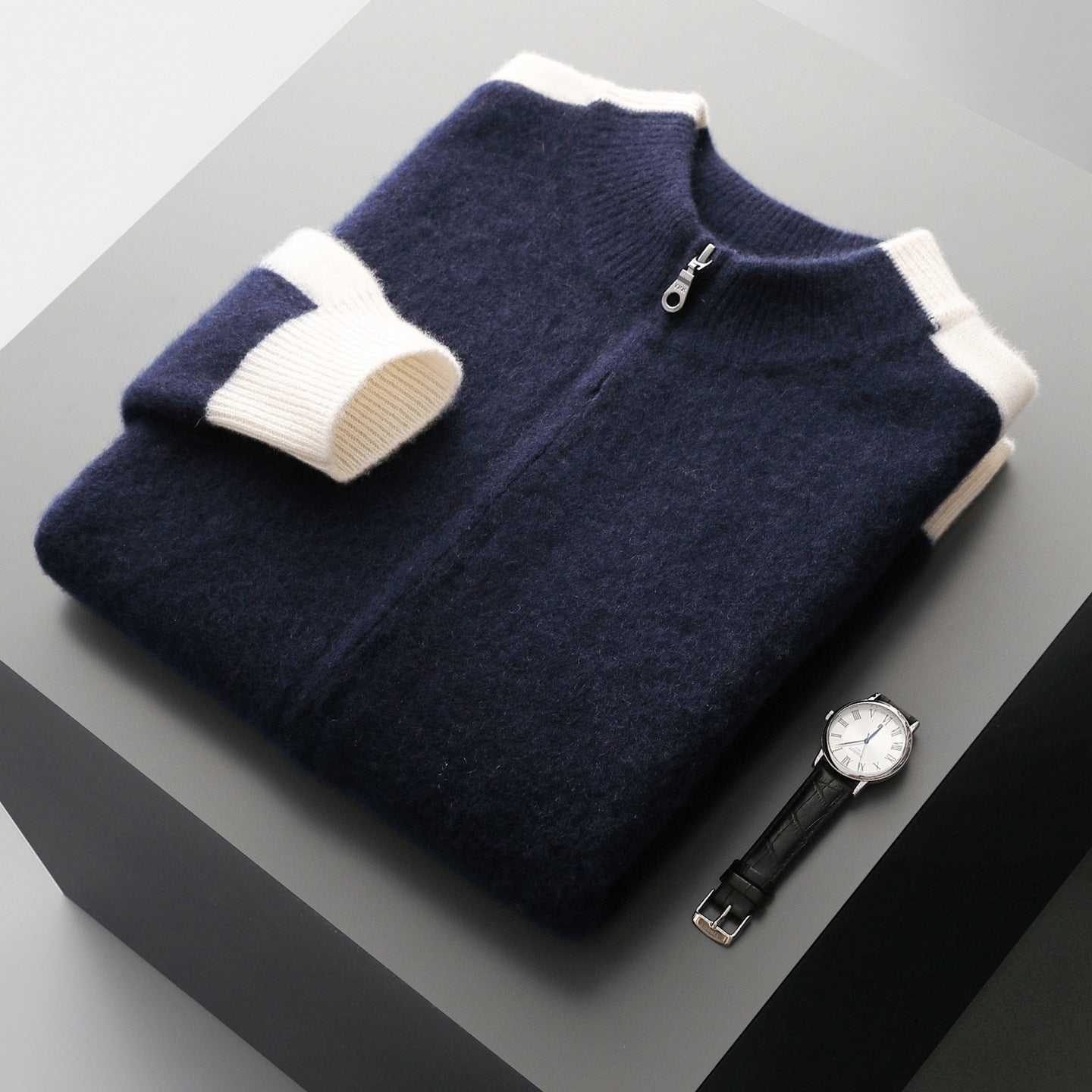 Men's Zip-Up Knit Jacket Contrast Sleeve Ribbed Collar Autumn Winter
