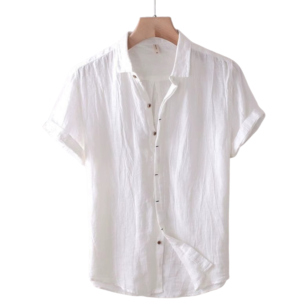 Men's Linen Short Sleeve Shirt Collared Button Down Casual Summer