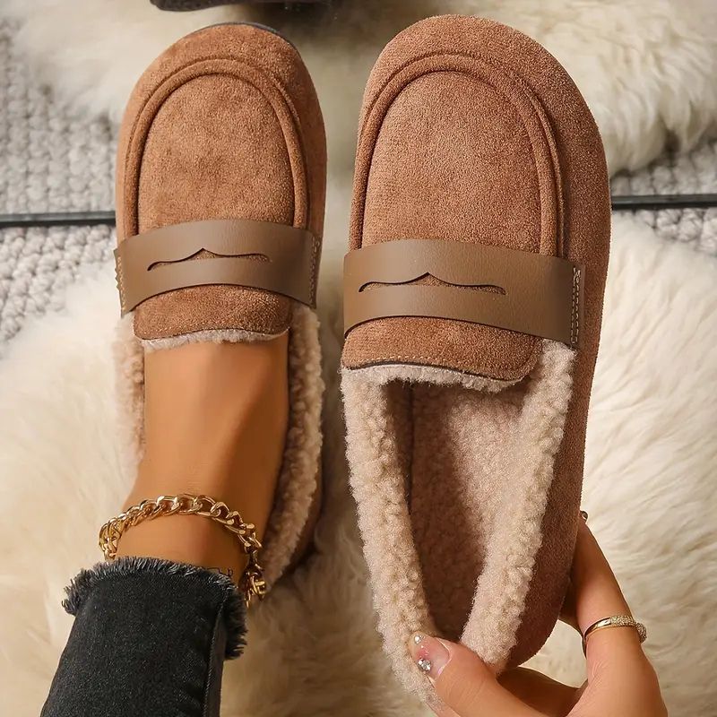 Fleece Loafers Women Cosy Slip On Shoes Warm Indoor Casual Cream