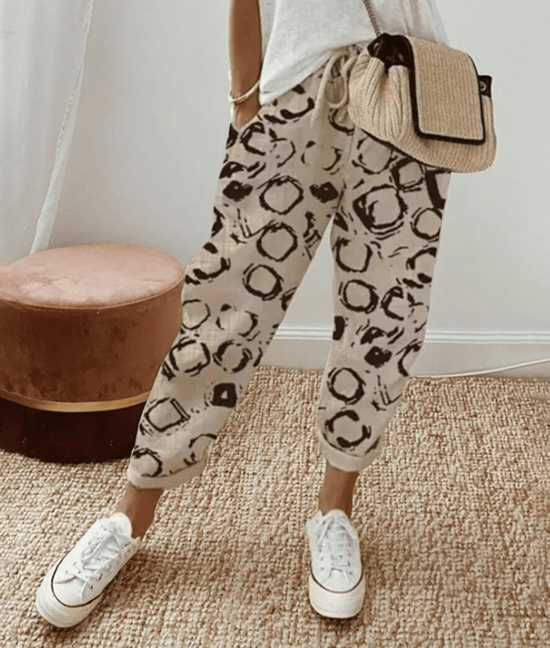 Zoé women's linen trousers in Beige with circular pattern