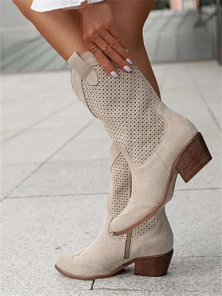 Western Boots Pointy Toe Block Heel Cowboy Style Leather Footwear