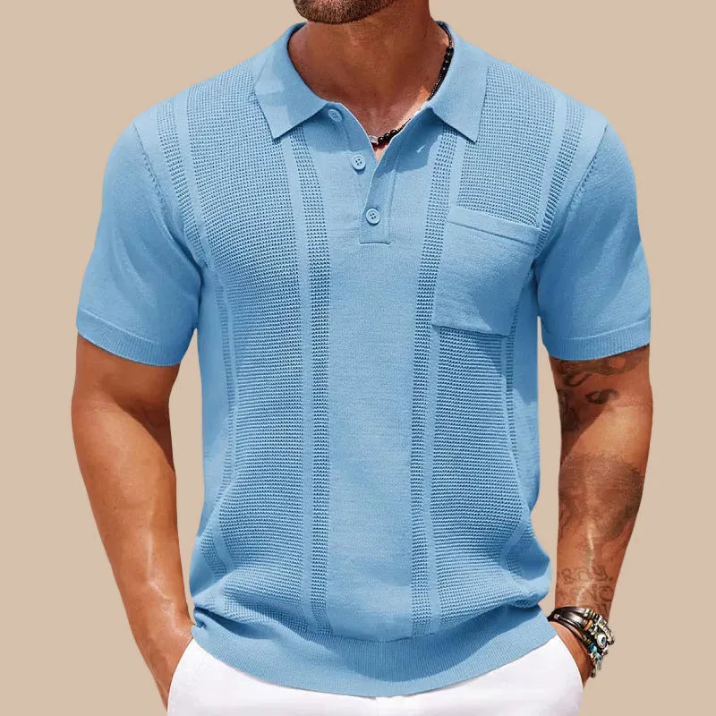 Men's Knit Polo Shirt Short Sleeve Button Placket Vertical Stripe