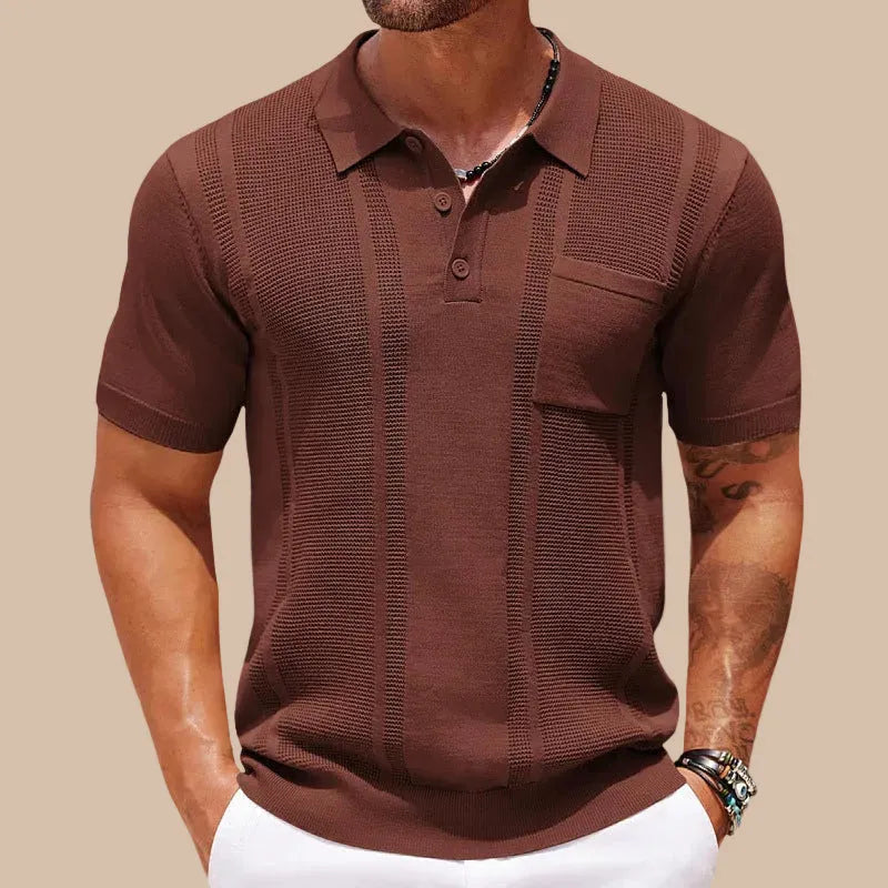 Men's Knit Polo Shirt Short Sleeve Button Placket Vertical Stripe