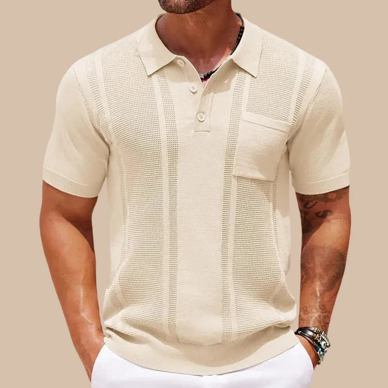 Men's Knit Polo Shirt Short Sleeve Button Placket Vertical Stripe
