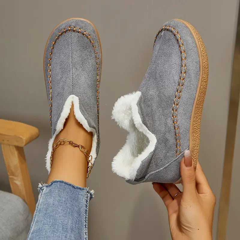 Women's Ankle Boots Round Toe Contrast Stitch Plush Trim Casual