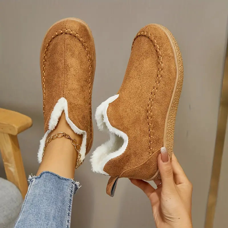 Women's Ankle Boots Round Toe Contrast Stitch Plush Trim Casual