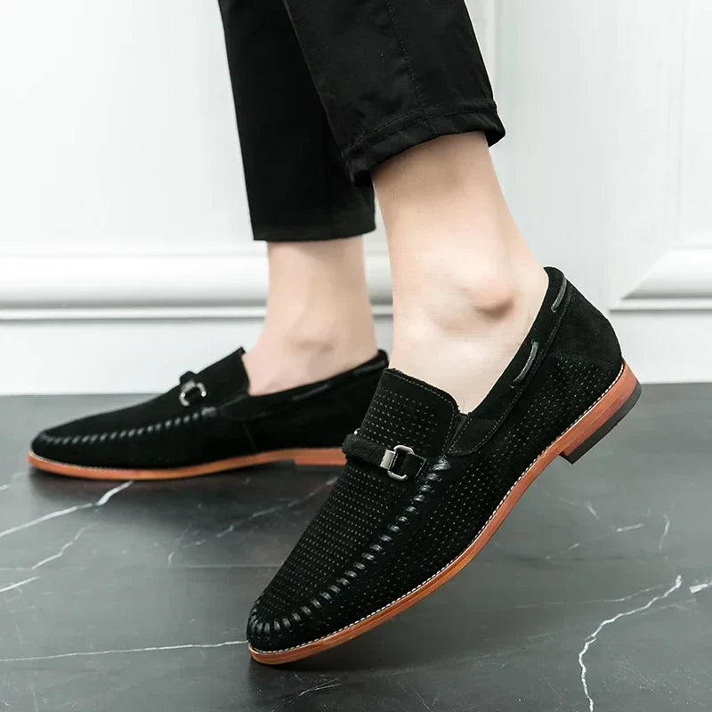 Men's Slip-On Loafers Perforated Buckle Strap Almond Toe Smart Casual Dress Shoes